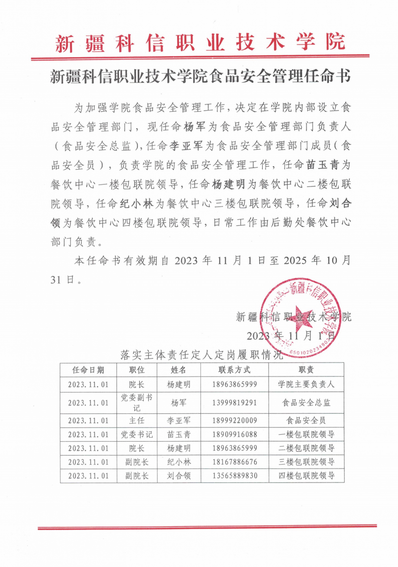 Z6尊龙凯时食物清静治理任命书